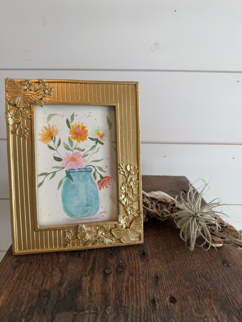Hand crafted watercolor original floral vase in 4x6 gold frame
